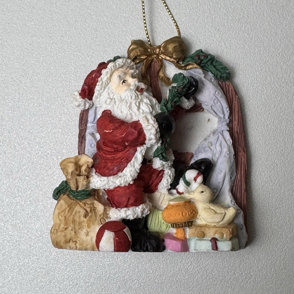 Vintage Santa Decorating Tree Christmas Ornament Resin 3" Holiday Decor 90s